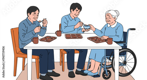 A heartwarming vector illustration of a family sharing a meal together, enjoying each other's company around a table