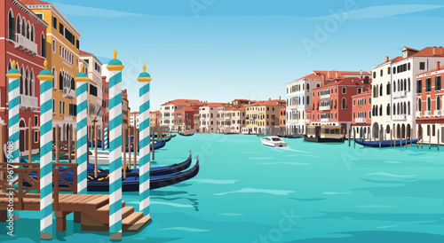 Beautiful Venetian Canal with Gondolas and Architecture, Vector Illustration of a Famous Italian Cityscape
