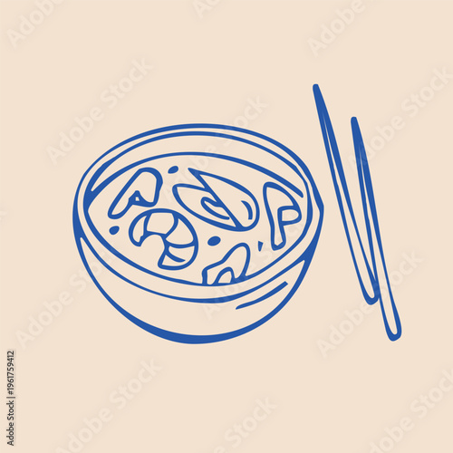 Hand drawn Asian soup bowl with chopsticks. Vector Line Art Doodle Illustration