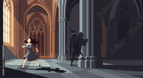 Chilling Vector Illustration of a Frightened Woman Confronting a Shadowy Figure in an Old Gothic Hallway