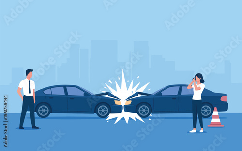 Two dark blue cars collided head on with a man and woman observing the crash scene