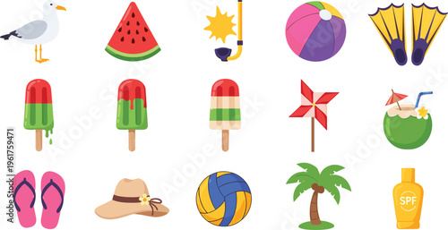 Collection of summer beach vector icons including seagull watermelon popsicles ball snorkel coconut palm and tropical elements set