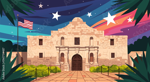 The Alamo Mission in San Antonio, Texas A Vibrant Vector Illustration Celebrating History Under a Starry Sky