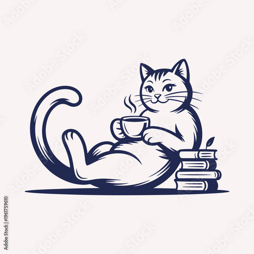 Lazy cat drinking coffee with books cute outline vector illustration design. Great for cozy lifestyle themes branding and modern illustration projects