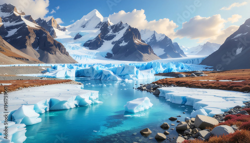 Glacier melting forms icy river flowing through rugged mountain landscape