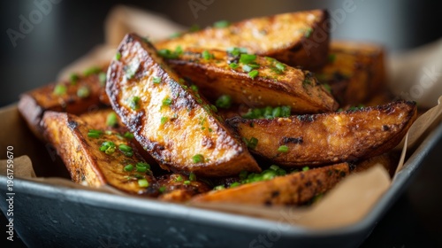 Crispy Roasted Potato Wedges Topped with Fresh Chopped Green Onions Perfect for Serving as a Snack or Side Dish in a Restaurant Setting
