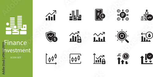 Finance Investment and Stock Market Growth Glyph Icon Set for Data Analytics and Trading