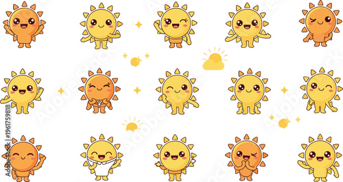 Cute sun cartoon emoji set with different facial expressions happy sad angry sleepy kawaii style characters isolated on white background