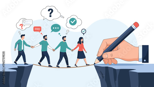 Large hand drawing a pencil line bridge to help a group of diverse professionals cross a dangerous gap and reach safety together.