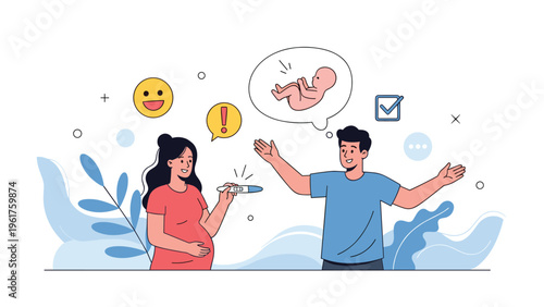 Excited couple celebrating a positive pregnancy test result while imagining their future baby together in a joyful cartoon style.