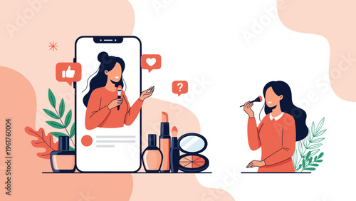 Young woman applying makeup while watching an online beauty tutorial broadcast through a smartphone screen from an influencer.