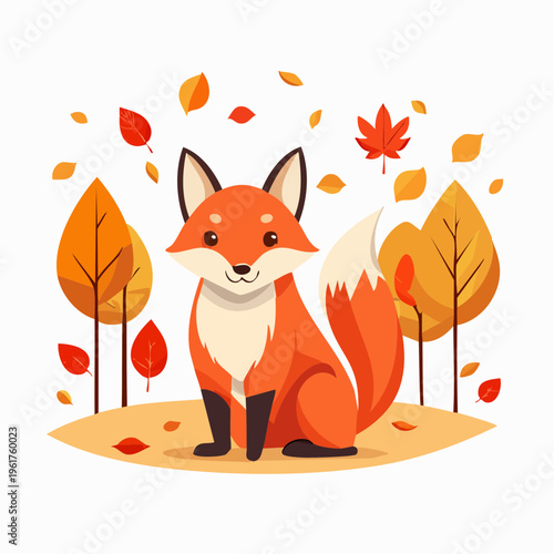 Cute cartoon fox sitting in autumn foliage with falling leaves and trees