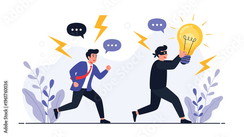 Thief in a black mask running away with a giant lightbulb stolen from a frustrated businessman in a suit at an office.