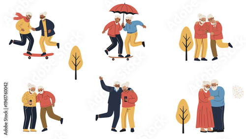 Active elderly couples enjoying life by skateboarding, dancing, hugging, and walking together in a city park setting.