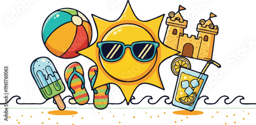 Summer vacation concept with sun, beach ball, sandcastle, ice cream and cold drink