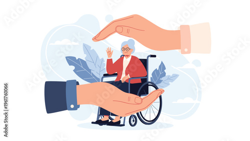 Caring large hands providing protection and support for an elderly woman sitting in a wheelchair against a soft background.
