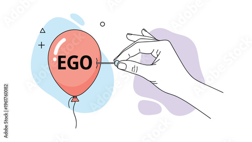 Human hand using a sharp pin to pop a red balloon with the word ego written on it to symbolize humility and personal growth.