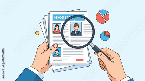 Close up of professional human resources hands using a magnifying glass to carefully review and select the best candidate from a resume.