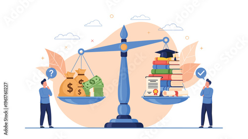 Conceptual balance scale comparing the value of financial wealth and money versus higher education, graduation, and academic knowledge.