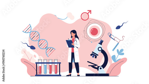 Female scientist working in a professional laboratory with a microscope and biological symbols to conduct advanced medical research.