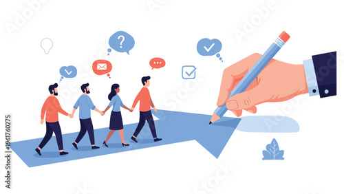 Large hand drawing a success arrow with a pencil for a diverse team of employees to follow towards their common corporate goals.