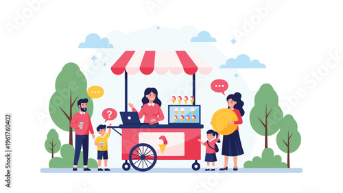 Happy families with children buying ice cream from red street cart vendor in green park under blue sky with clouds.