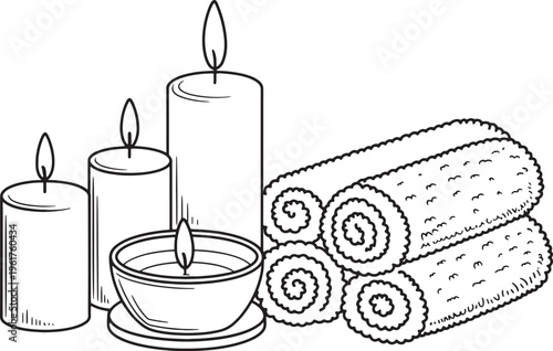Aromatic candles and rolled towels for spa treatment hand drawn vector illustration clipart set art