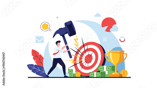 Determined businessman hitting bullseye on target with giant hammer to achieve financial success and win gold trophy.