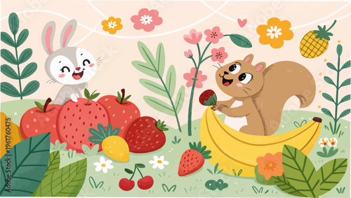 Cute cartoon rabbit and squirrel with fruits and plants in bright cheerful garden scene