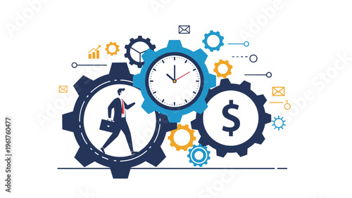 Professional businessman walking inside large gear system with clock and dollar sign representing time management and productivity.