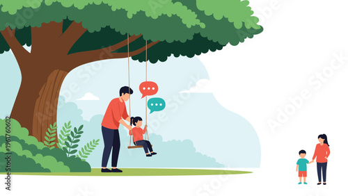 Loving father pushing his young daughter on rope swing hanging from large green tree in peaceful park setting.