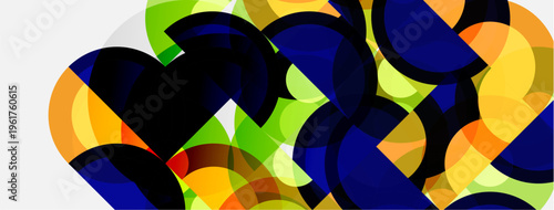 Abstract composition featuring overlapping colorful circles. Vibrant hues create dynamic visual texture. Modern design, simple shapes.