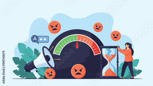 Stressed woman standing by broken hourglass and high pressure gauge surrounded by angry face icons and megaphone.