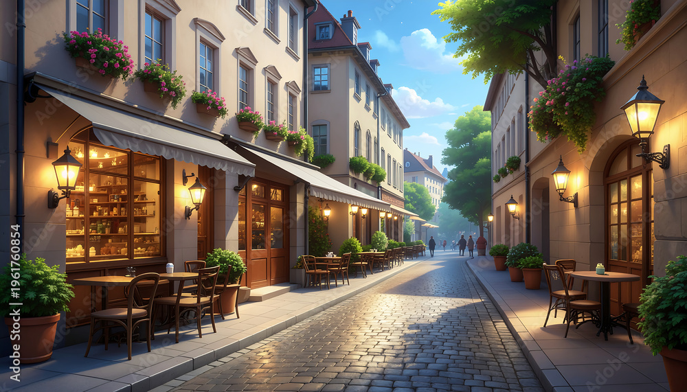 Fototapeta premium People enjoy outdoor dining on a quaint European street with cafes and lamps