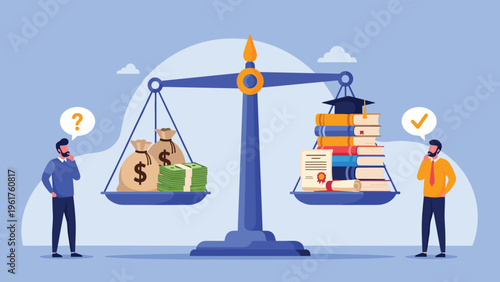 Large justice scales balancing bags of money and stack of books for education while two men consider their options.