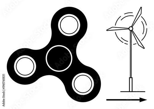 Renewable energy, movement, science, toys, energy transfer, sustainability. Fidget spinner and wind turbine rotational movement. Renewable energy and motion ion for educational or conceptual uses