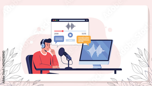 Young man wearing headphones speaking into microphone to record podcast or audio content with digital waves on screen.