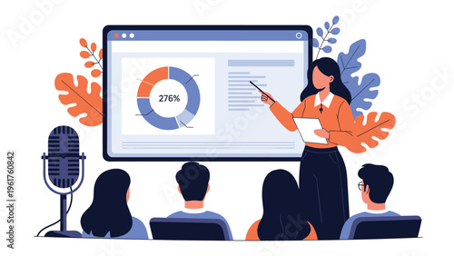 Professional woman delivering presentation with data charts on large screen to audience in conference room or webinar.