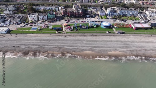 Bray coastal town, beach and main street with promenade, sunny day. Holiday in Ireland. Aerial drone