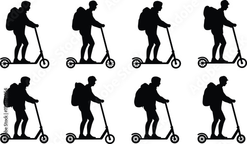 Electric scooter silhouette illustration featuring rider with backpack in motion, symbolizing urban transport, mobility, and modern lifestyle design projects