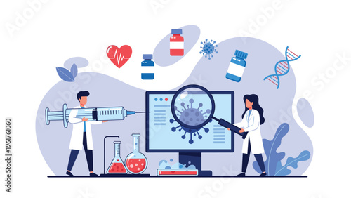 Scientists in lab coats using giant syringe and magnifying glass to research and combat virus on large screen.