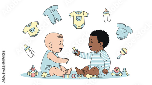 Adorable babies of different ethnicities playing together with colorful toys and baby clothes in the background.