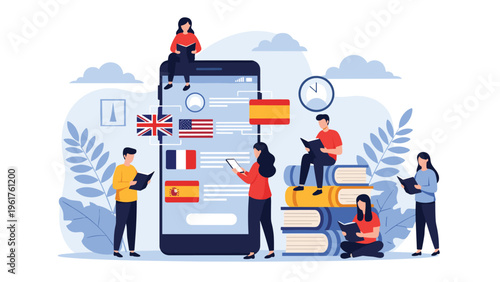 Diverse group of people using a large mobile phone to learn different foreign languages through an interactive application.