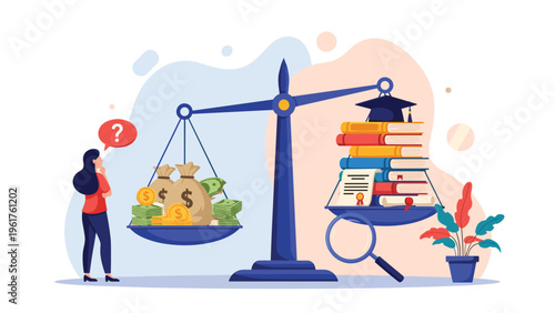 Pensive woman considers the high cost of education while a scale weighs bags of money against a stack of academic books.