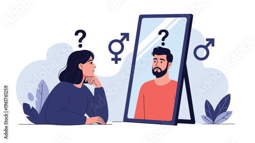 Woman looks thoughtfully into a mirror and sees a male reflection representing gender identity and transgender transition.
