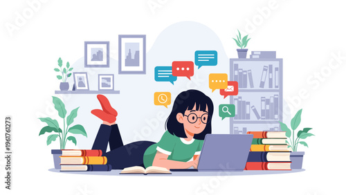 Young girl studies using a laptop while lying on the floor surrounded by books and digital communication icons at home.