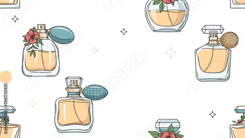 Seamless pattern featuring vintage style perfume bottles decorated with elegant flowers and delicate sparkling star elements.