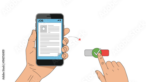 Human hand holds a smartphone displaying a job application while another hand clicks a green checkmark to hire a candidate.
