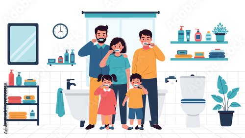 Happy family of five stands together in a bright bathroom while simultaneously brushing their teeth to maintain oral hygiene.
