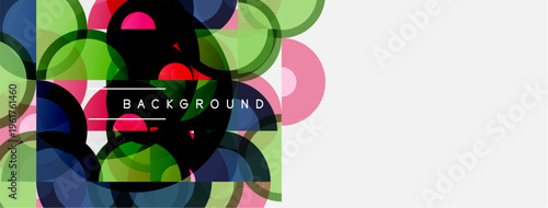 Abstract colorful circles overlap, creating dynamic background. White space dominates right side, offering contrast. Modern design element.